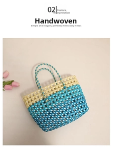 Macro detail of hand-woven blue and beige straw tote bag with intricate texture