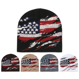 Gorros de punto de invierno con bandera americana en negro, blanco, gris y color canela.