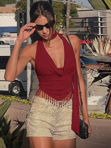 Women's deep red halter top with V-neckline and shimmering beaded fringe detailing