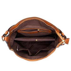 Detailed top view of brown PU leather tote bag showing multi-compartment interior space