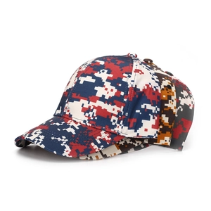 Three digital camouflage baseball caps stacked showing textured peak and fabric detail
