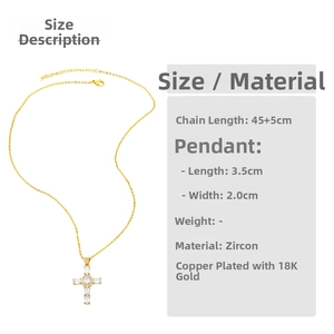 Detail view of rhinestone cross pendant with 45cm 18K gold plated copper chain specs