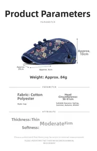 Détail de la casquette plate en denim avec broderie florale et boucle de réglage