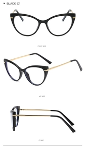 Detailed views of black and gold cat-eye TR90 frames from front and side angles