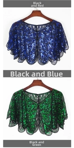 Detail view of 1920s vintage mesh shawls with sequins in blue and green hues