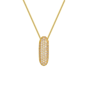 Macro shot of 18K gold plated oval necklace pendant with sparkling paved zircon stones