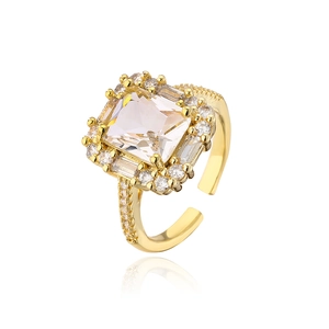 Luxury 18K gold plated copper ring with a square zircon centerpiece and crystal halo