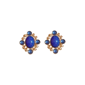 Vintage gold hollow earrings with deep blue oval and round center gemstones