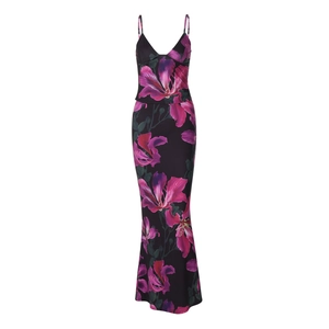 Abito midi con scollo a V e stampa floreale tropicale su sfondo nero elegante