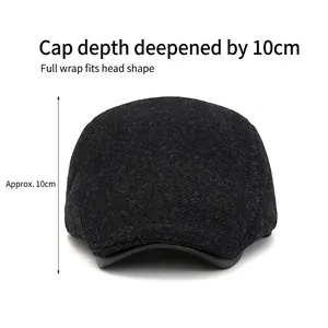 Vintage wool newsboy cap with 10cm depth, featuring herringbone pattern and leather trim
