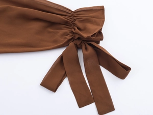 Détail des poignets élastiques à volants avec liens sur une robe longue marron de style français
