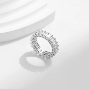 Luxurious S925 sterling silver full eternity ring set with rectangular cubic zirconia
