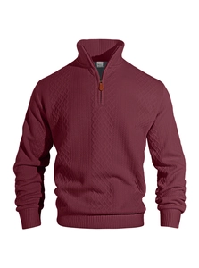 Close-up of wine red knit sweater showing half-zip collar and textured jacquard pattern
