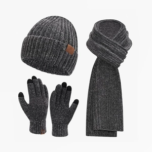Winter 3-piece knit set with dark grey beanie hat, scarf, and touchscreen gloves