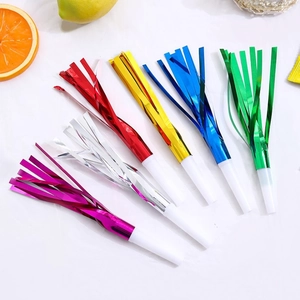 Detailed view of 6 colorful metallic tassel party blowouts for festive celebrations