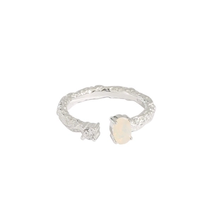Minimalist S925 sterling silver open ring featuring an opal stone and lava texture finish