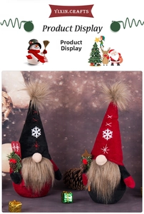 Close-up of Christmas gnome plush with snowflake embroidery, pine cones and mini skis