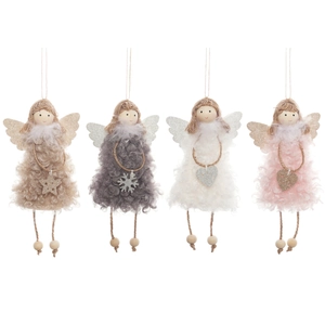 Lot de 4 pendentifs anges de Noël en peluche avec ailes pailletées sur fond blanc