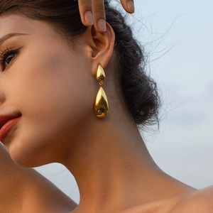 Double Teardrop Drop Earrings 18K Gold Plated Stainless Steel High Polished Mirror Finish Minimalist Jewelry For Women