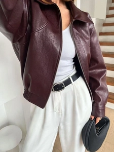 Veste En Similicuir Femme Bordeaux Revers Fermeture Éclair Manches Longues Court Boxy Cropped Manteau Streetwear Mode Top