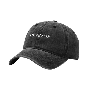 Vintage washed black cotton baseball cap featuring white OK AND embroidered text