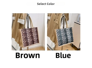 Selectable leopard print canvas tote bags in brown and blue with woven handles for daily use