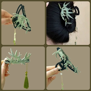 Bamboo Leaf Embroidery Hair Claw Clip With Detachable Tassel Vintage Chinese Style Alloy Faux Artificial Pearl Hanfu Accessories