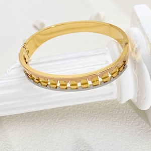 Detail of tricolor stainless steel bangle with star motif on a Roman pillar