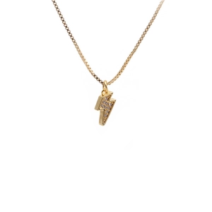 Golden box chain necklace with lightning bolt pendant set with sparkling zircon stones