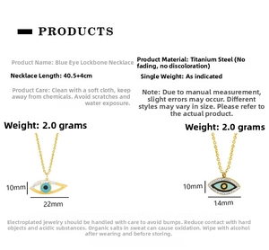 Detailed view of evil eye pendants with dimensions and stainless steel material info