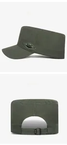 Detail view of military camo flat cap with ARMY SPIRIT badge and adjustable metal buckle strap