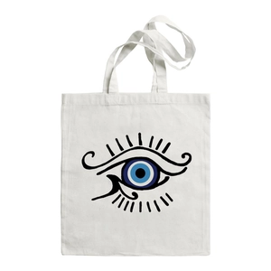 White canvas tote bag featuring a blue Evil Eye artistic print on a white background