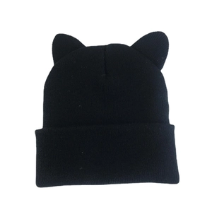 Cute black knitted cat ear beanie hat for women featuring warm winter crochet fabric