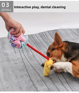 Close-up of interactive colorful dog snuffle ball toy with rope for teeth cleaning