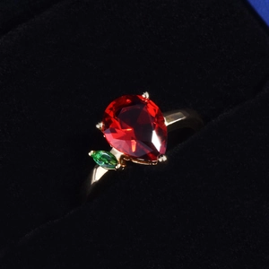 Adjustable Water Drop Red Ruby Ring Copper 18K Gold Plated Simulated Green Gemstone Fruit Style Jewelry For Women