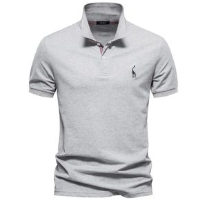 Detail of deer embroidery on grey cotton polo shirt with striped collar lining