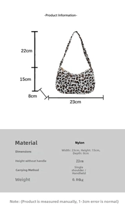 Détails techniques du sac sous le bras en nylon imprimé léopard avec dimensions et poids