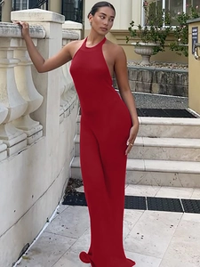 Elegant backless halter neck long dress in deep red with ruffled hem and slim fit design
