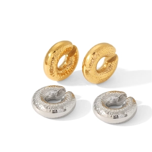 Textured round hoop clip-on earrings in 18k gold and silver stainless steel minimalist style