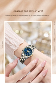 Close-up of elegant women's watch with blue dial and geometric steel strap details
