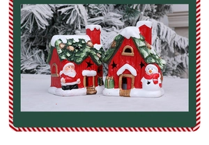 Ceramic Christmas house figurines featuring Santa and Snowman with LED decor