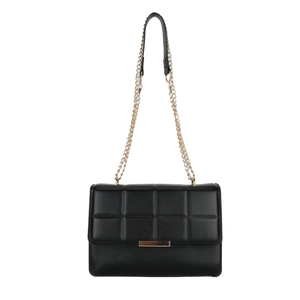 Classic black quilted shoulder bag with gold chain strap and metal clasp on white background
