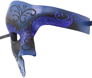 Dettaglio della maschera veneziana blu e nera con decori glitterati e nastri laterali