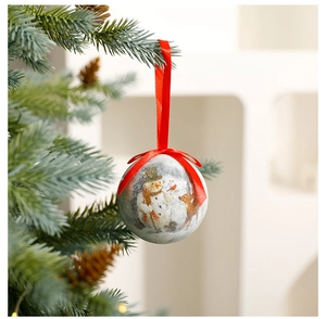 Detailed close-up of 8cm white frosted Christmas ball ornament with snowman and elk pattern
