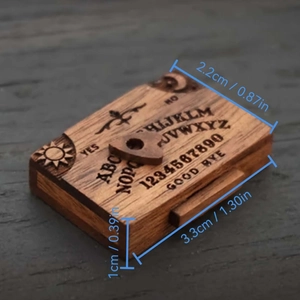 Miniature wooden ouija board box with sun moon engravings and detailed dimensions