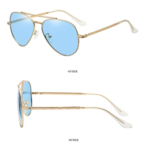 Detailed side views of gold aviator sunglasses with polarized blue lenses and metal frame