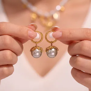 Stainless Steel Flower Cap Shell Artificial Pearl Dangle Hoop Earrings For Women Elegant Vintage 18K Gold Plated Jewelry