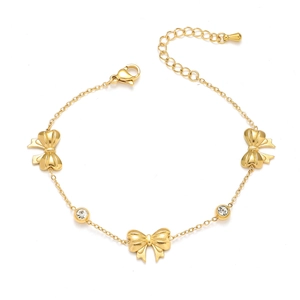Minimalist gold titanium steel bracelet with zircon bow charms and lobster clasp