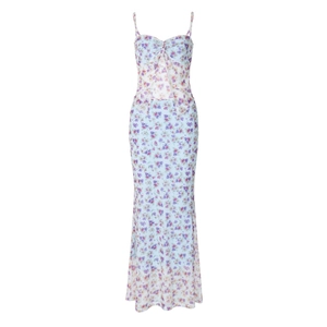 Detail view of light blue floral double-layer mesh dress with hollow-out knot and slim fit cut