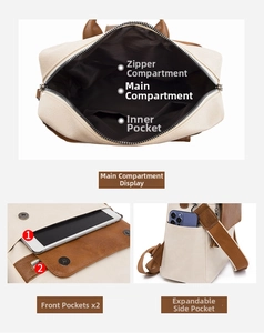 Detailed interior view showing large capacity compartments of the beige canvas backpack